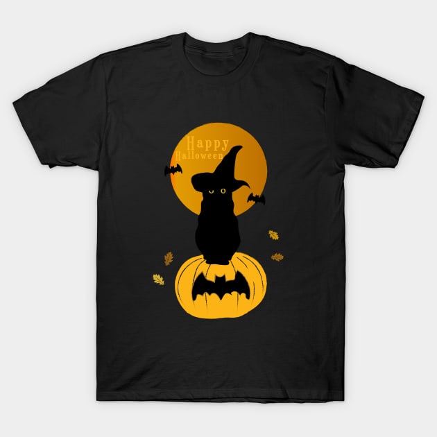 Black Cat and Halloween T-Shirt by Zhalmalina